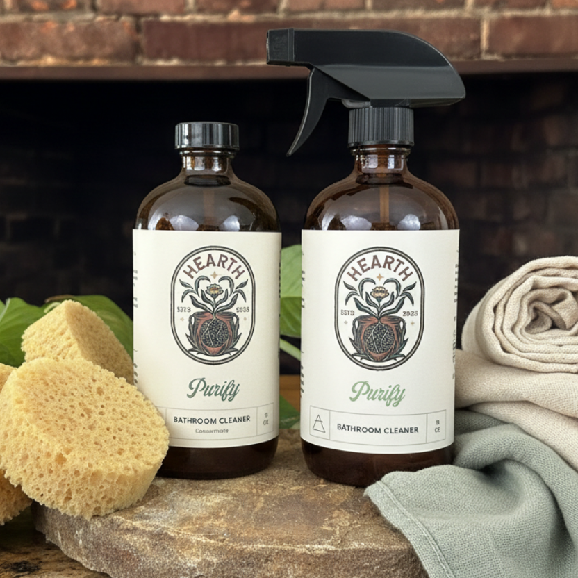 Two bottles of Hearth Bathroom Cleaner with a label on a stone surface and brick wall background.
