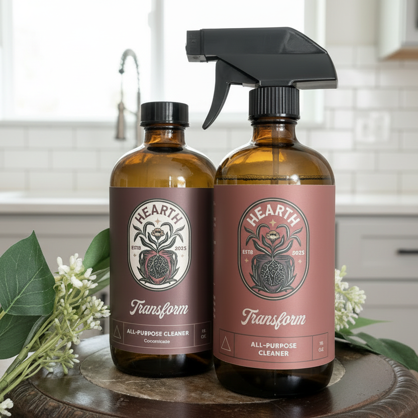 Two bottles of 'Hearth Transform' all-purpose cleaner on a wooden surface with greenery.